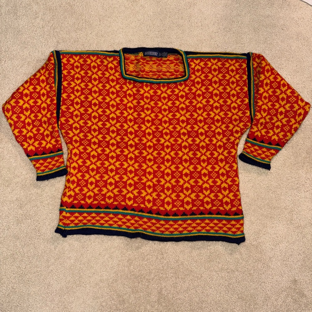 Lands End Wool Bright Red & Yellow Patterned Knit Sweater with Green Trim